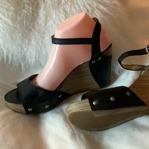 Lucky Brand Black Leather Wedges, with laminated wood.  Size 8.5.  Never worn.